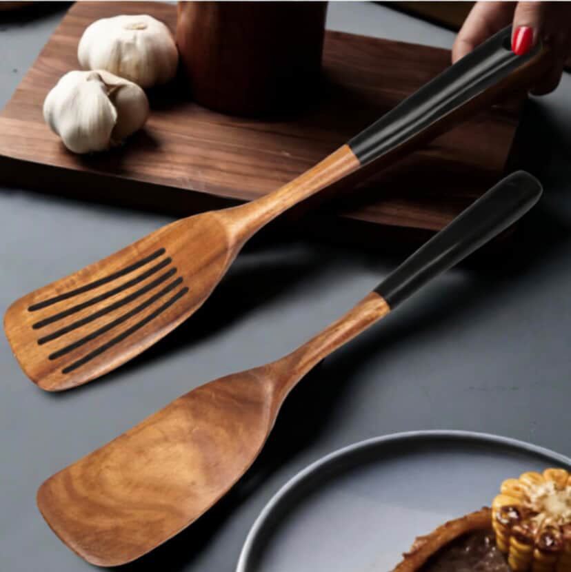 Teak Wood Spatula Set — 2-Pack with Ergonomic Rubber Handle yes